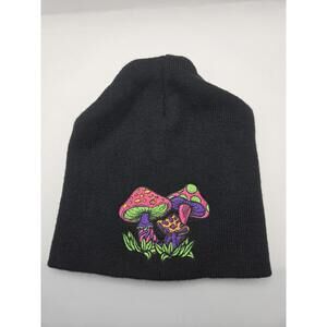 Dollskill Current Mood Neon Milk Cap Mushroom Embroidered Black Beanie